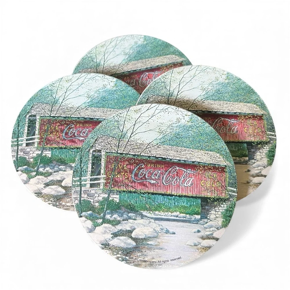 Vtg Coca-Cola Absorbent Stoneware 4 Coaster Set Collectible Coke Covered Bridge
